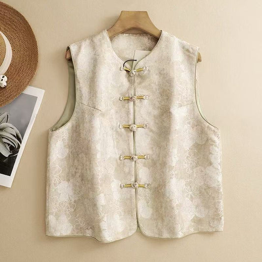 Gilet sans manches style chinois en tissu texturé - Blanc
