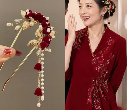 Épingle à cheveux chinoise rouge avec perles – style traditionnel élégant
