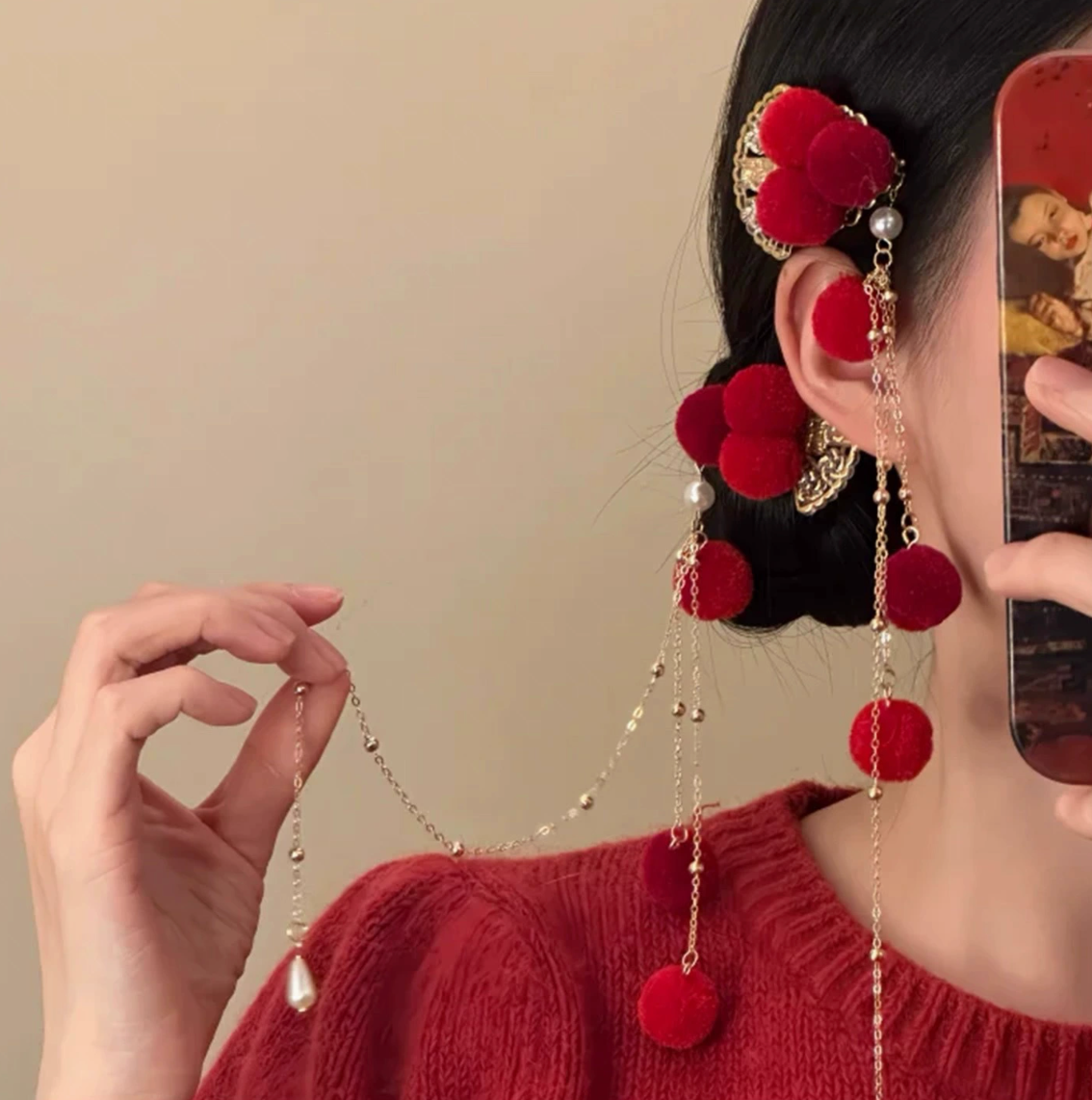 Boucles d’oreilles rouges avec pendentifs – style asiatique élégant