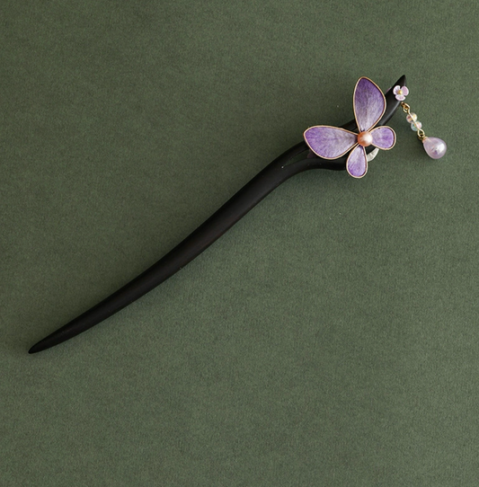 Épingle à cheveux en bois de santal avec fleur violette – style asiatique raffiné