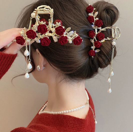 Épingle à cheveux décorative rouge et perles – style asiatique, élégance cérémonie