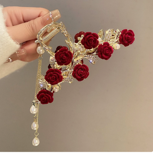 Épingle à cheveux décorative rouge et perles – style asiatique, élégance cérémonie