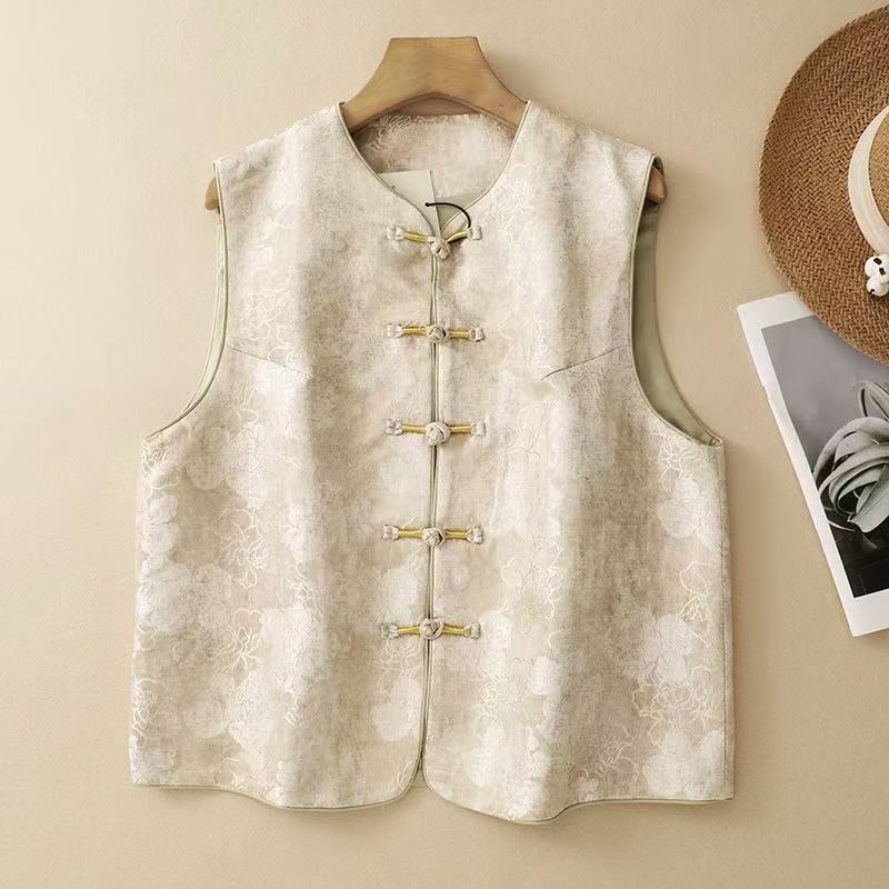 Gilet sans manches style chinois en tissu texturé - Blanc